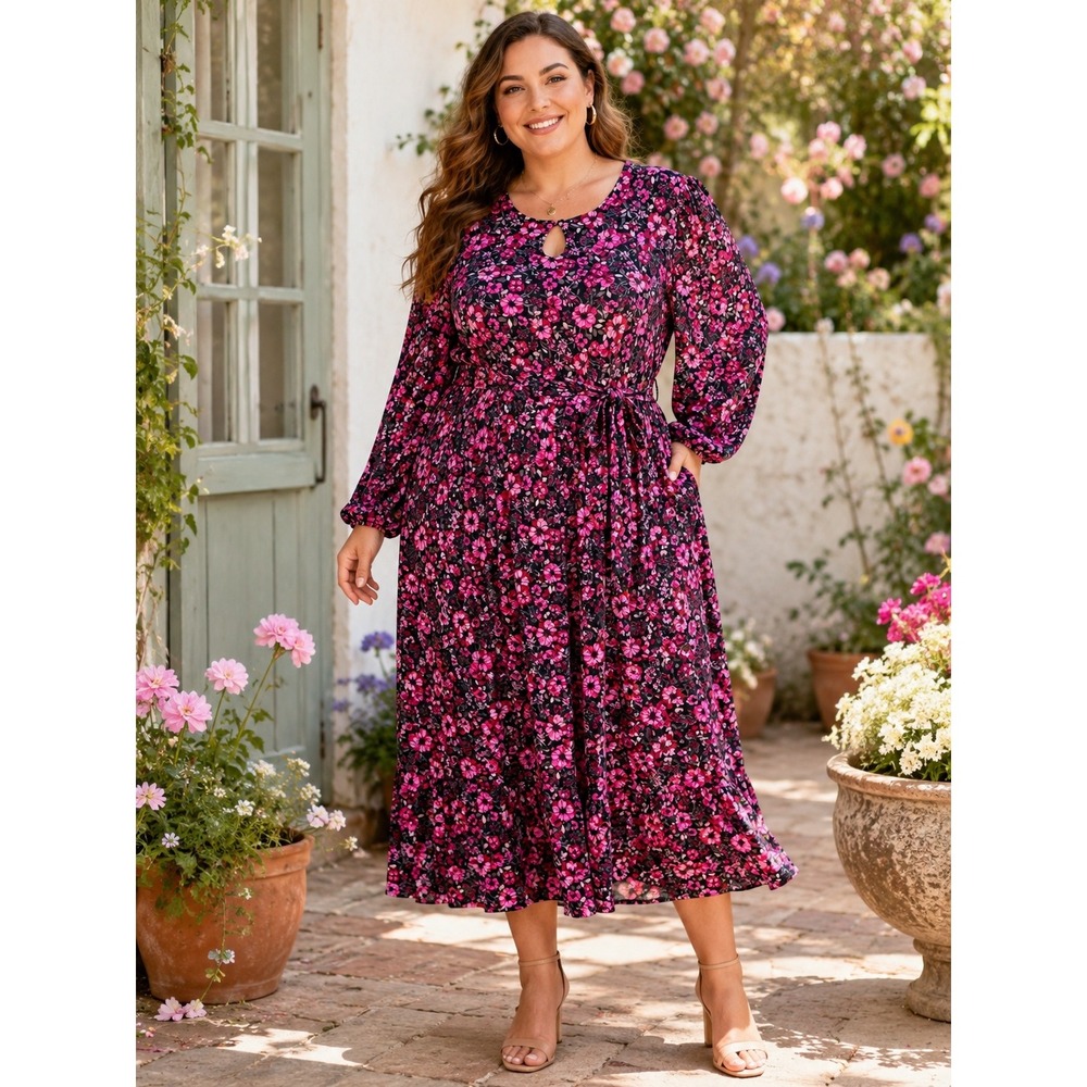 483. Girlhoodcore Cottage Floral Keyhole Midi Dress Long Sleeve Belted Size 3X